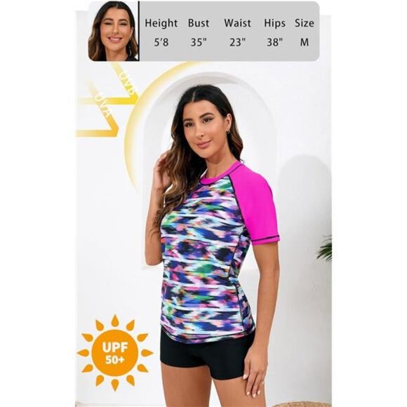 Women's UPF 50 Two Piece Rash Guard Swimsuit Built-in Bra Top & Board Shorts - Picture 2 of 7